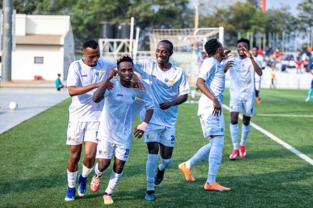 Rayon Sports goal scorer forward Fiston Ishimwe and teammates celebrate his goal as his side played a 1-1 draw against Gorilla FC in preseason friendly match held at Kigali Pelé Stadium on Saturday, July 20. All photos by Craish Bahizi