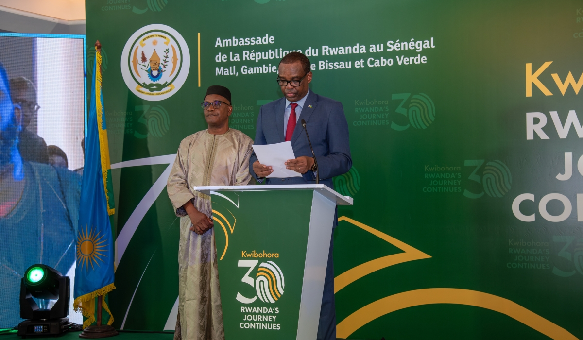 Rwandan ambassador to Senegal Jean Pierre Karabaranga speaks during the event_