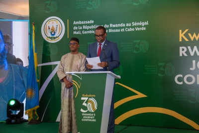 Rwandan ambassador to Senegal Jean Pierre Karabaranga speaks during the event_