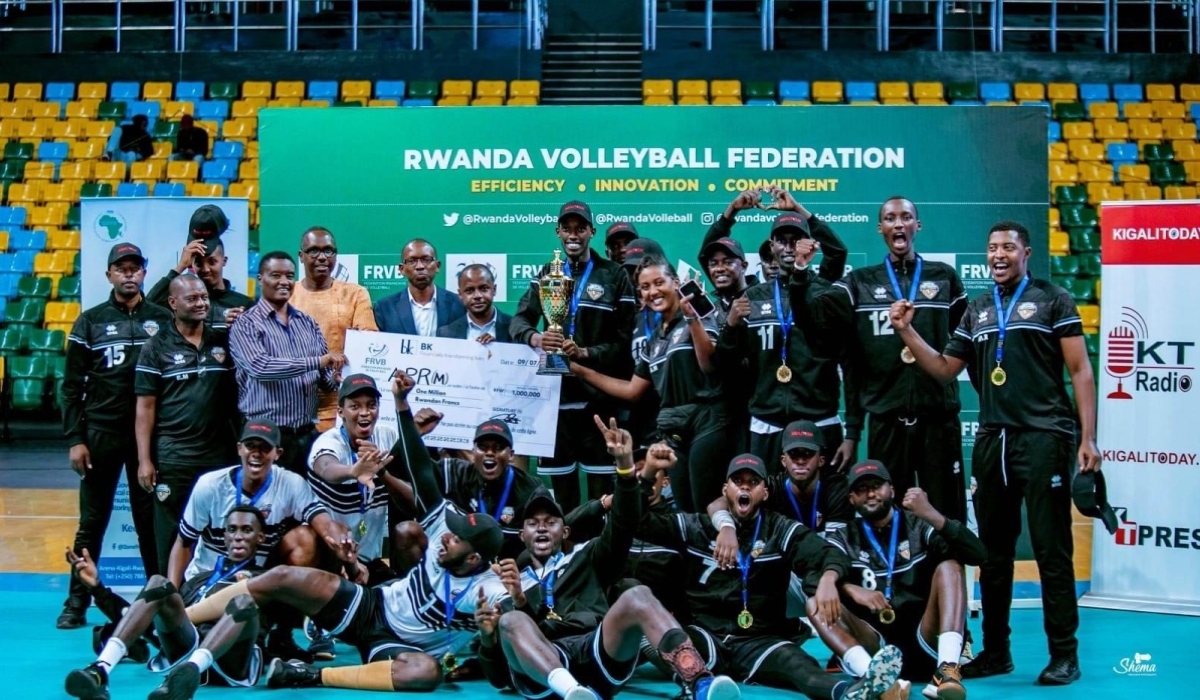 APR men volleyball club players celebrate the trophy after beating Gisagara 3-1 the final of the Liberation Cup 2023 held at BK Arena.