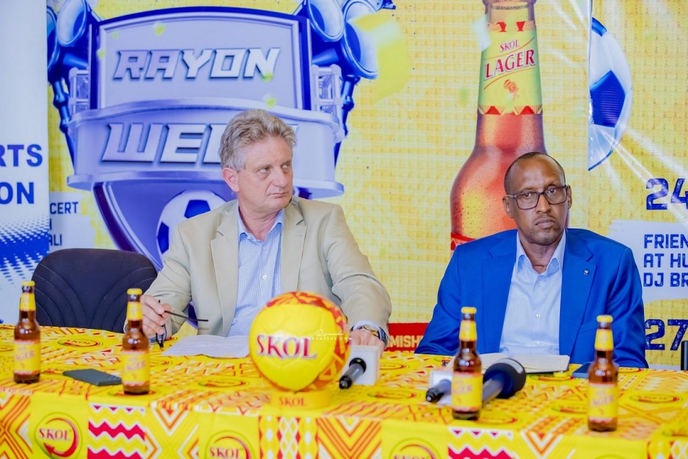 Rayon Sports president Jean Fidele Uwayezu and SKOL Brewery Ltd General Manager Eric Gilson during the news conference to announce the new initiative. Photo: Courtesy