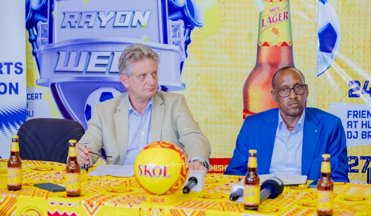 Rayon Sports president Jean Fidele Uwayezu and SKOL Brewery Ltd General Manager Eric Gilson during the news conference to announce the new initiative. Photo: Courtesy