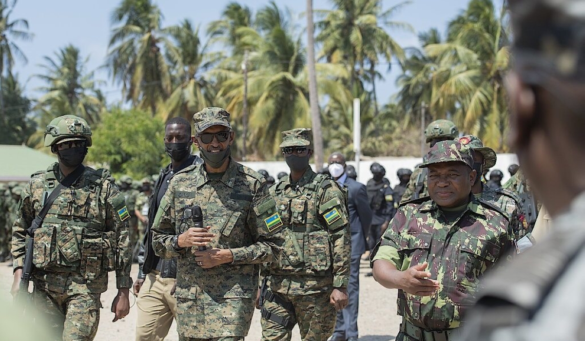 President Paul Kagame and his Mozambican counterpart Filipe Nyusi address a joint parade of Rwandan and Mozambican forces in Pemba, Cabo Delgado, in September 2021. At the request of the Government of Mozambique, Kigali deployed an initial 1,000-person contingent of the Rwanda Defence Force and Rwanda National Police to Cabo Delgado Province in July 2021 to help restore state authority by conducting combat and security operations, as well as stabilization and security sector reform.