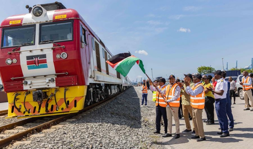 Mohamed Daghar (R, Front), principal secretary in the Ministry of Roads and Transport, flags off new passenger coaches from China at Kenya&#039;s port city of Mombasa on July 22, 2024. (Photo by Joy Nabukewa/Xinhua)