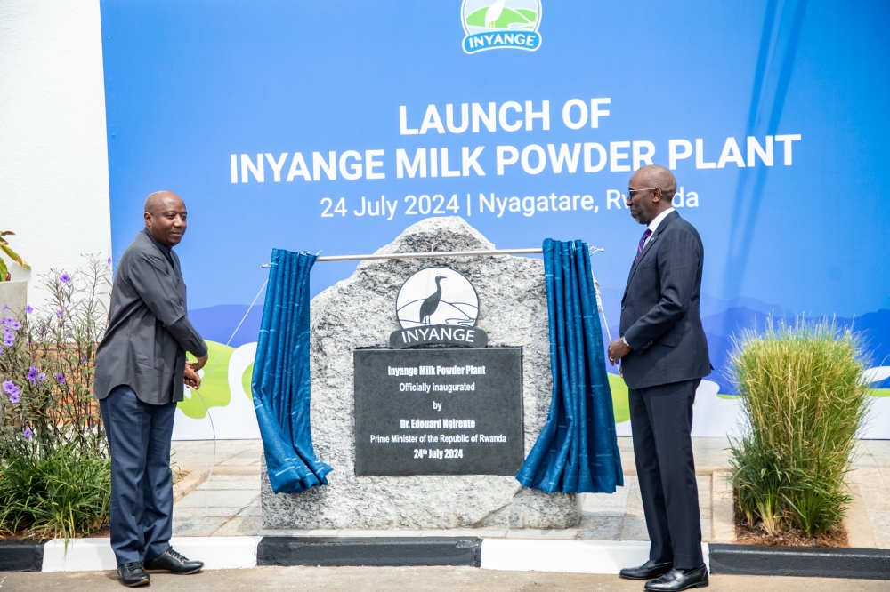 Prime Minister Edouard Ngirente and Jean-Claude Karayenzi, the Executive Chairman of Crystal Ventures Limited, officially inaugurate Rwanda’s first milk powder factory in Nyagatare District, on Wednesday, July 24. PHOTOS BY EMMANUEL DUSHIMIMANA