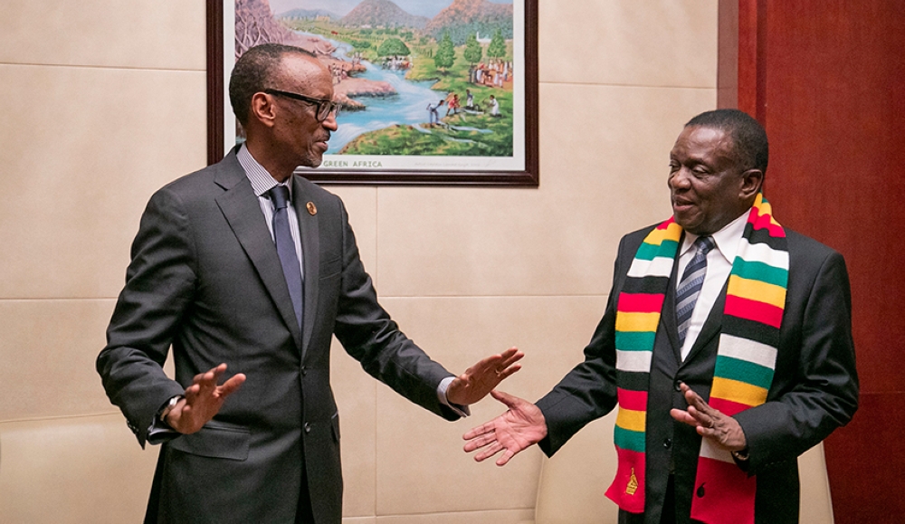 President Kagame interacts with Zimbabwe President Emmerson Mnangagwa during a meeting in  Ethiopia on February 10, 2019. Mnangagwa sent his congratulations to President-elect Paul Kagame.