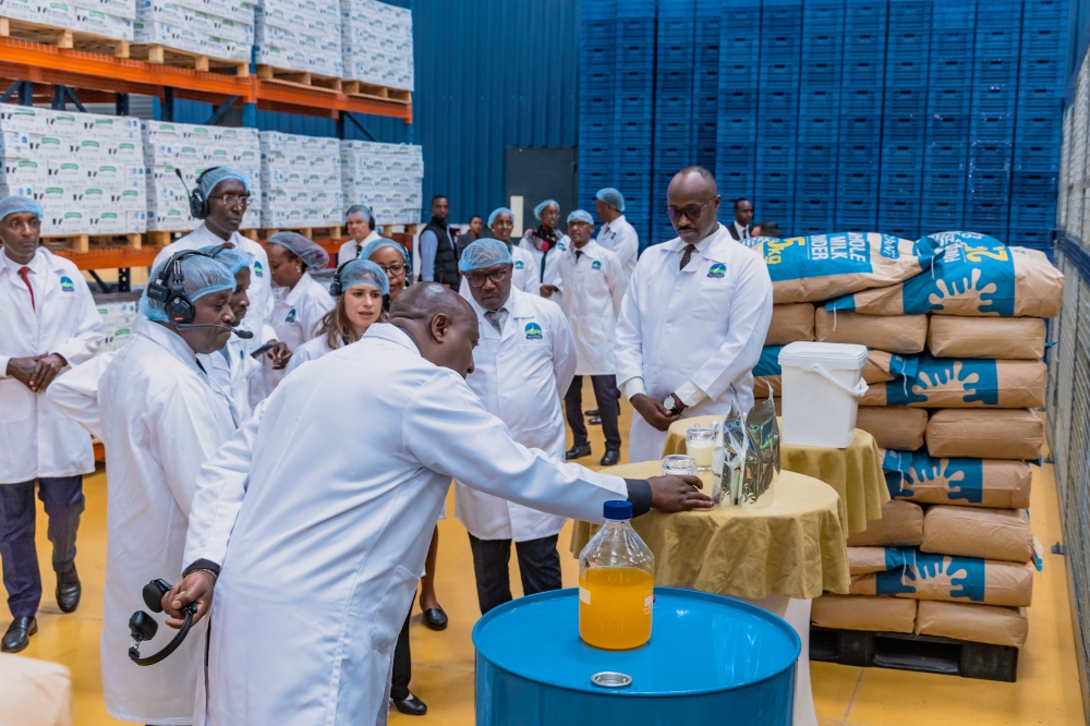 Prime Minister Edouard Ngirente  during a guided tour of the newly inaugurated Rwanda’s first milk powder factory in Nyagatare District, on Wednesday, July 24. Courtesy
