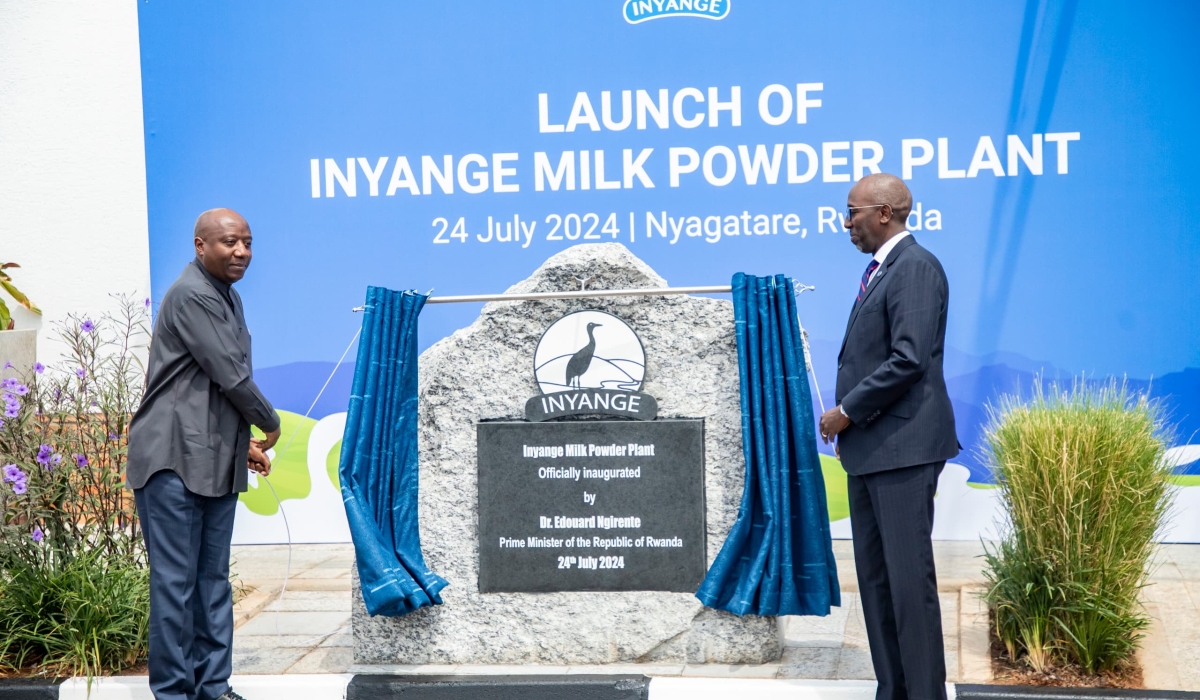 Prime Minister Edouard Ngirente and Jean-Claude Karayenzi, the Executive Chairman of Crystal Ventures Limited, officially inaugurate Rwanda’s first milk powder factory in Nyagatare District, on Wednesday, July 24. PHOTOS BY EMMANUEL DUSHIMIMANA