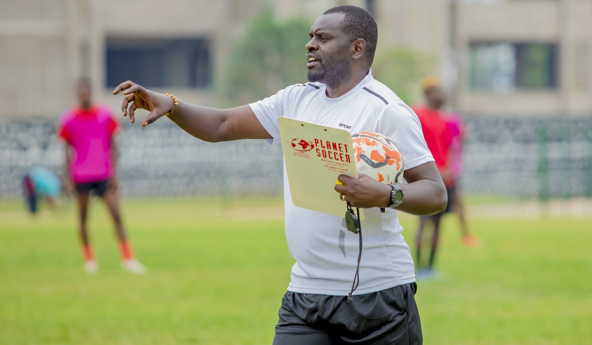 Musanze FC head coach Sosthène Habimana gives instructions to his players during a training session ahead of next season. Courtesy