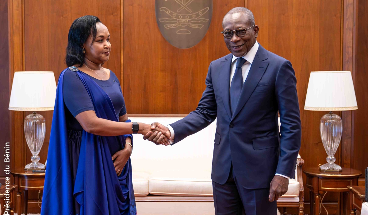 Rwandan envoy Rosemary Mbabazi presents her letters of credence to President Patrice Talon of Benin on Thursday, July 25. Courtesy