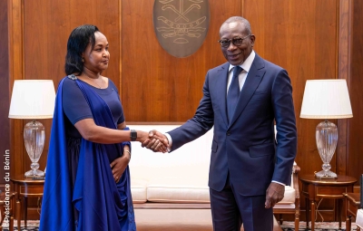 Rwandan envoy Rosemary Mbabazi presents her letters of credence to President Patrice Talon of Benin on Thursday, July 25. Courtesy