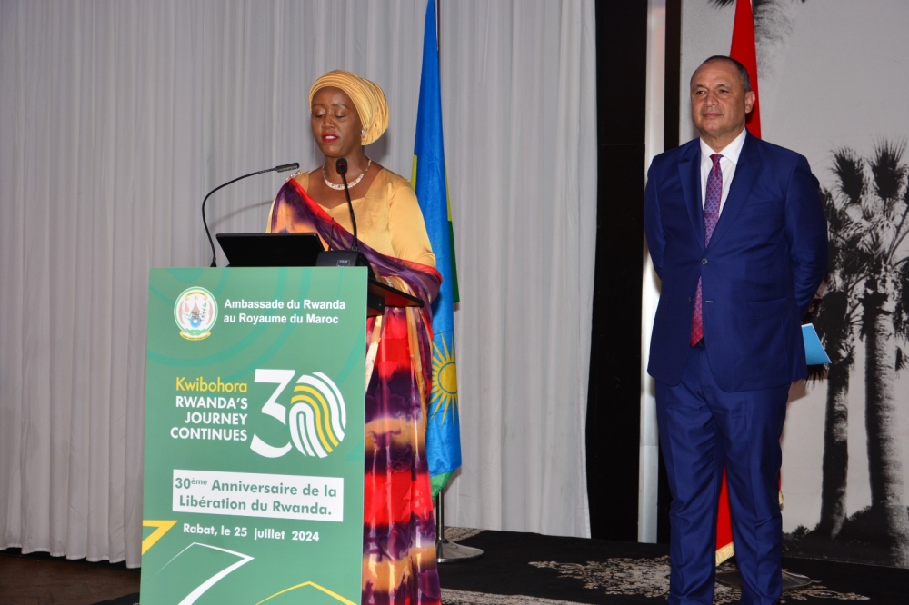 Rwanda&#039;s envoy in Morocco Shakilla Umutoni delivers remarks to mark the 30th anniversary of Rwanda’s liberation  on Thursday, July 25