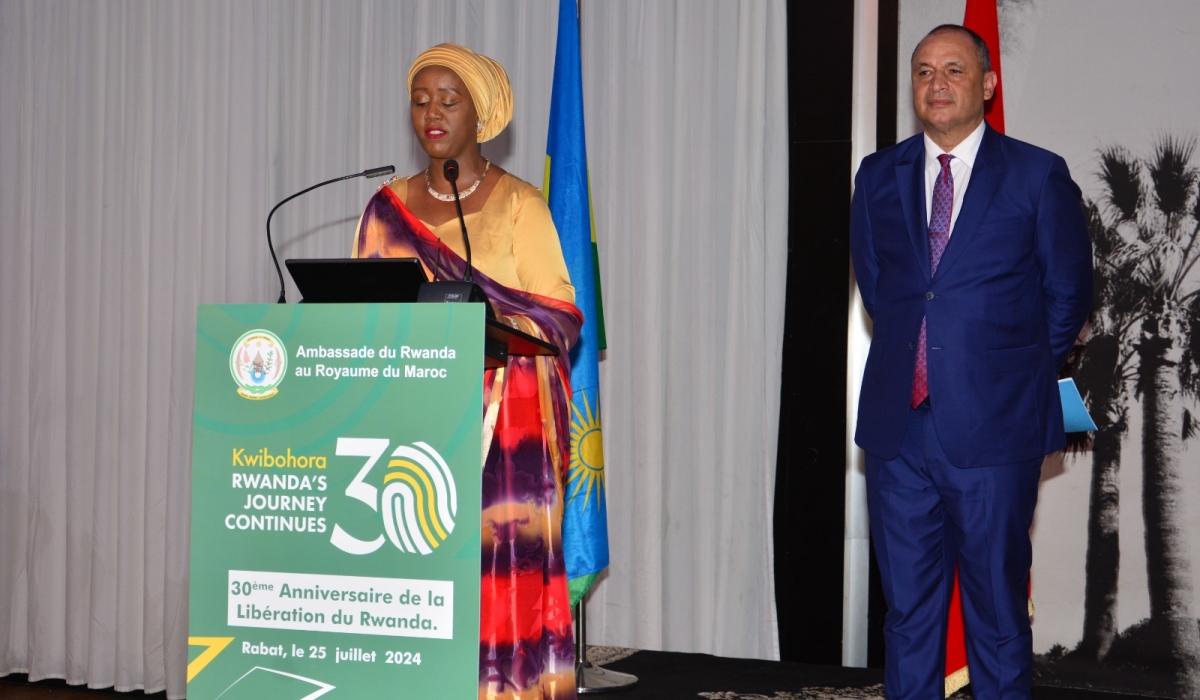 Rwanda&#039;s envoy in Morocco Shakilla Umutoni delivers remarks to mark the 30th anniversary of Rwanda’s liberation  on Thursday, July 25