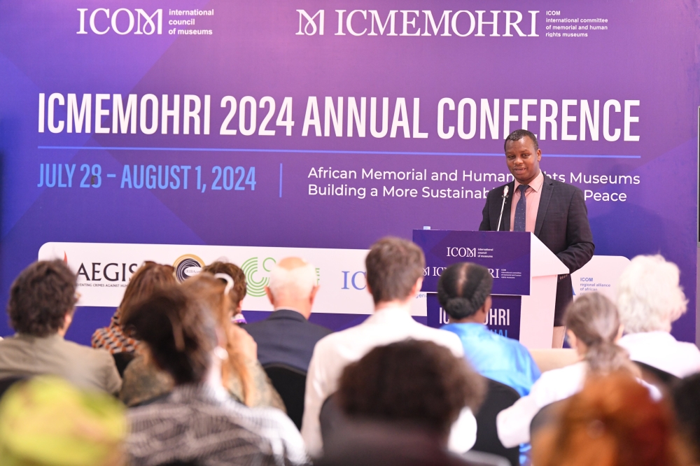 Freddy Mutanguha, the Aegis Trust CEO and Director of Kigali Genocide Memorial delivers remarks during the conference on Monday, July 29.