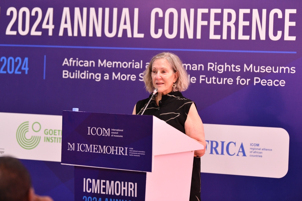 Jane E. Klinger, a special advisor and senior research conservator at the United States Holocaust Memorial Museum who serves as the chairperson of ICMEMOHRI delivers remarks at the meeting in Kigali on July 29. Courtesy