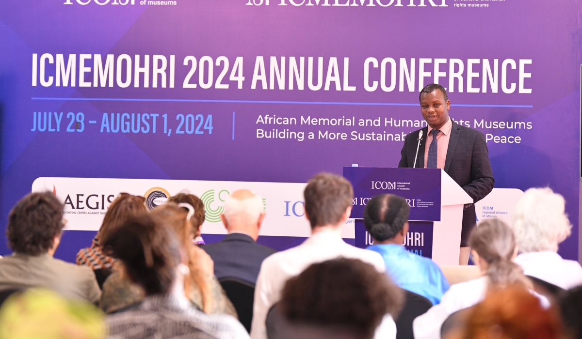 Freddy Mutanguha, the Aegis Trust CEO and Director of Kigali Genocide Memorial delivers remarks during the conference on Monday, July 29.