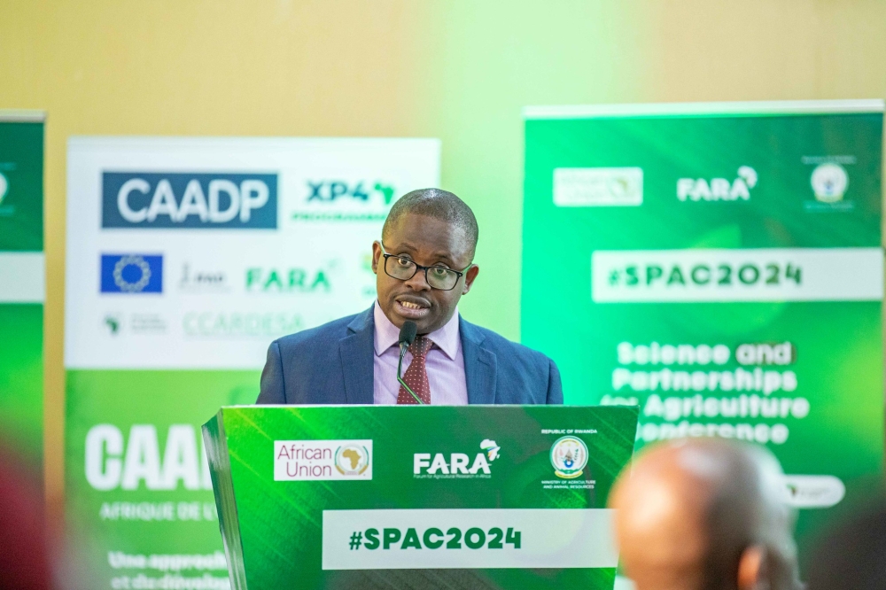 Olivier Kamana, the Permanent Secretary at the Ministry of Agriculture and Animal Resources, delivers remarks during the meeting in Kigali on Monday, July 29. Photos by Dan Gatsinzi