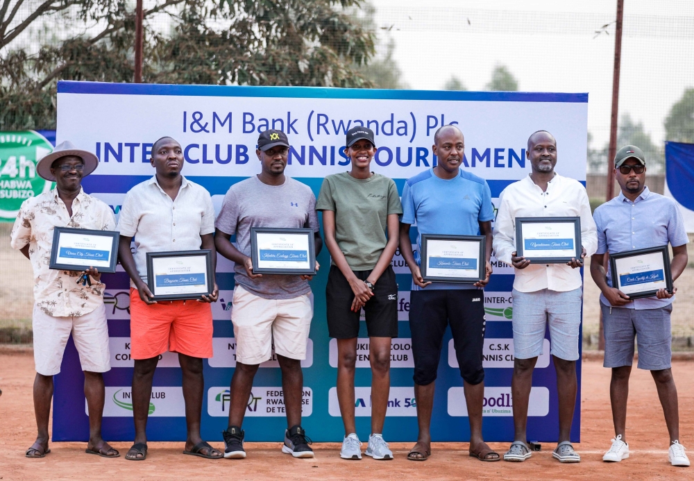 Winners pose for a photo at the inaugural I&M Bank (Rwanda) Plc. Inter-Club Tennis tournament that concluded in Nyamata, Bugesera District, on Sunday, July 28. All photos by Craish Bahizi