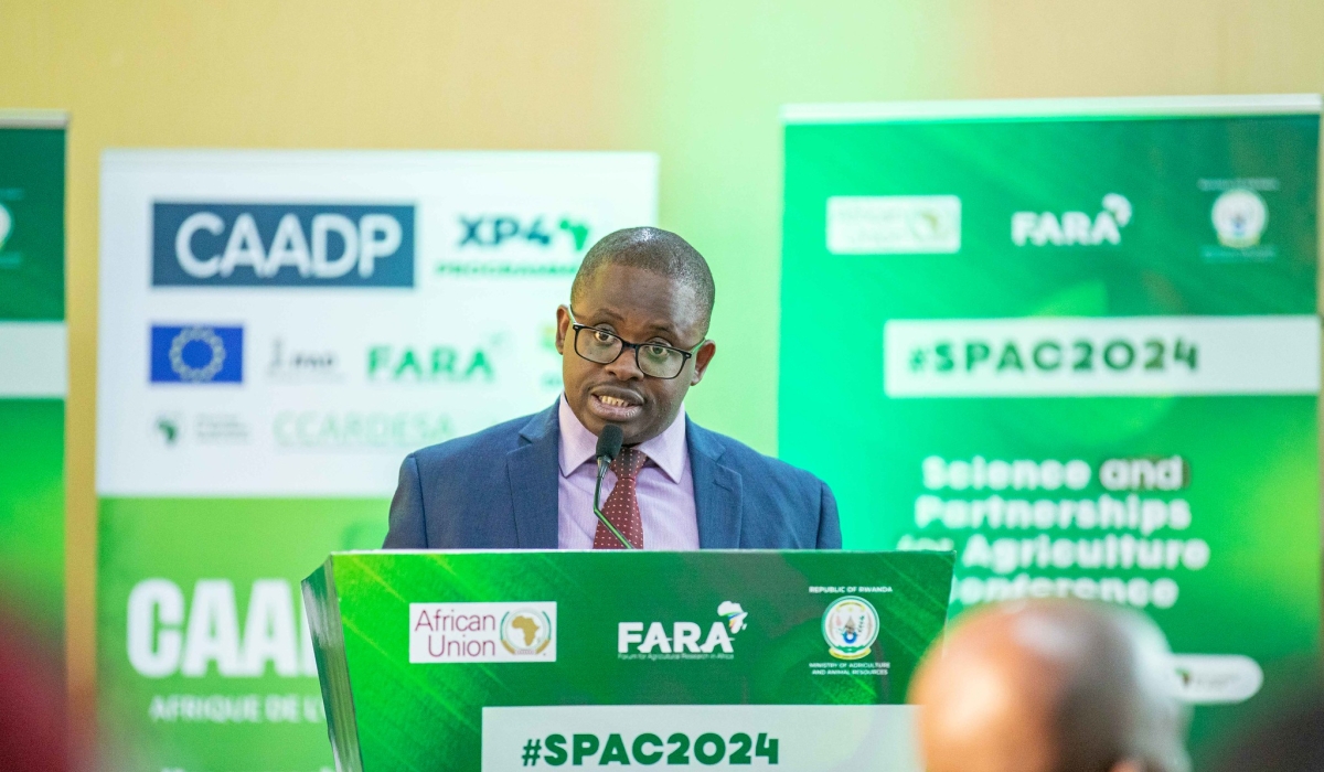 Olivier Kamana, the Permanent Secretary at the Ministry of Agriculture and Animal Resources, delivers remarks during the meeting in Kigali on Monday, July 29. Photos by Dan Gatsinzi