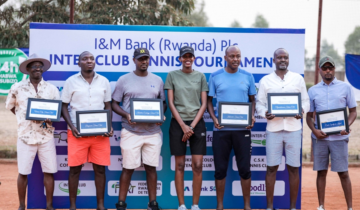 Winners pose for a photo at the inaugural I&M Bank (Rwanda) Plc. Inter-Club Tennis tournament that concluded in Nyamata, Bugesera District, on Sunday, July 28. All photos by Craish Bahizi