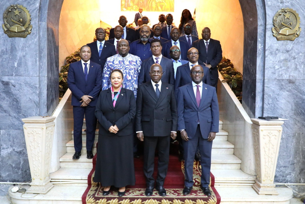 Left to right: Therese Kayikwamba Wagner, DR Congo’s Minister of Foreign Affairs, Angola&#039;s Minister of Foreign Affairs, Tete Antonio, who was the host and mediator, and Rwanda&#039;s Minister of Foreign Affairs and International Cooperation, Olivier Nduhungirehe, as well as members of their respective delegations, pose for a picture at the end of the second ministerial meeting on the security and peace situation in eastern DR Congo, in Luanda, Angola, on Tuesday, July 30. Courtesy