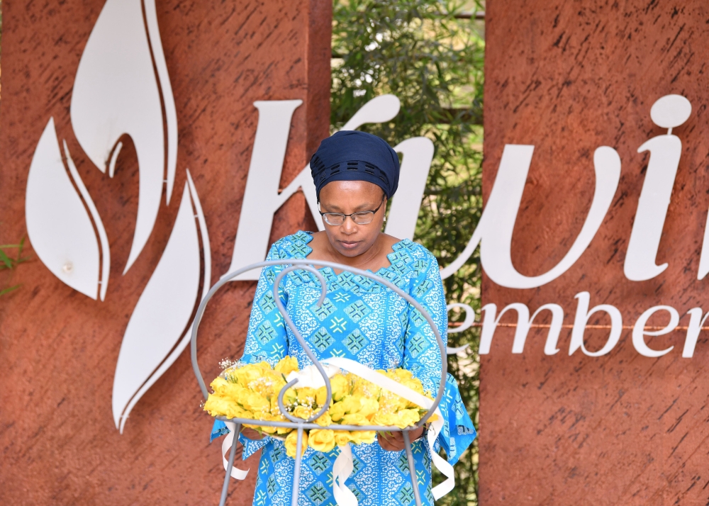 Alice Wairimu Nderitu, the United Nations Special Advisor on the Prevention of Genocide lays a wreath to pay tribute to victims of the Genocide against the Tutsi at Kigali Genocide Memorial on Monday, July 29. Courtes