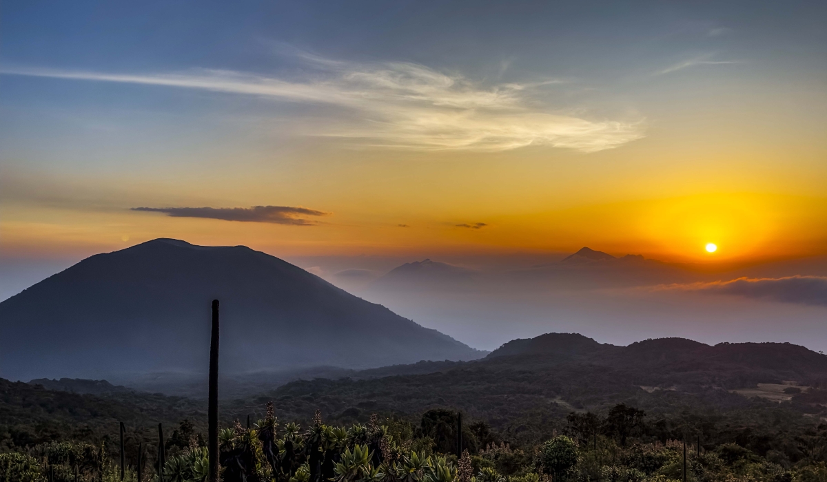 A landscape view of the sunrise, captured from the campsite during our hike to Karisimbi volcano. Courtesy