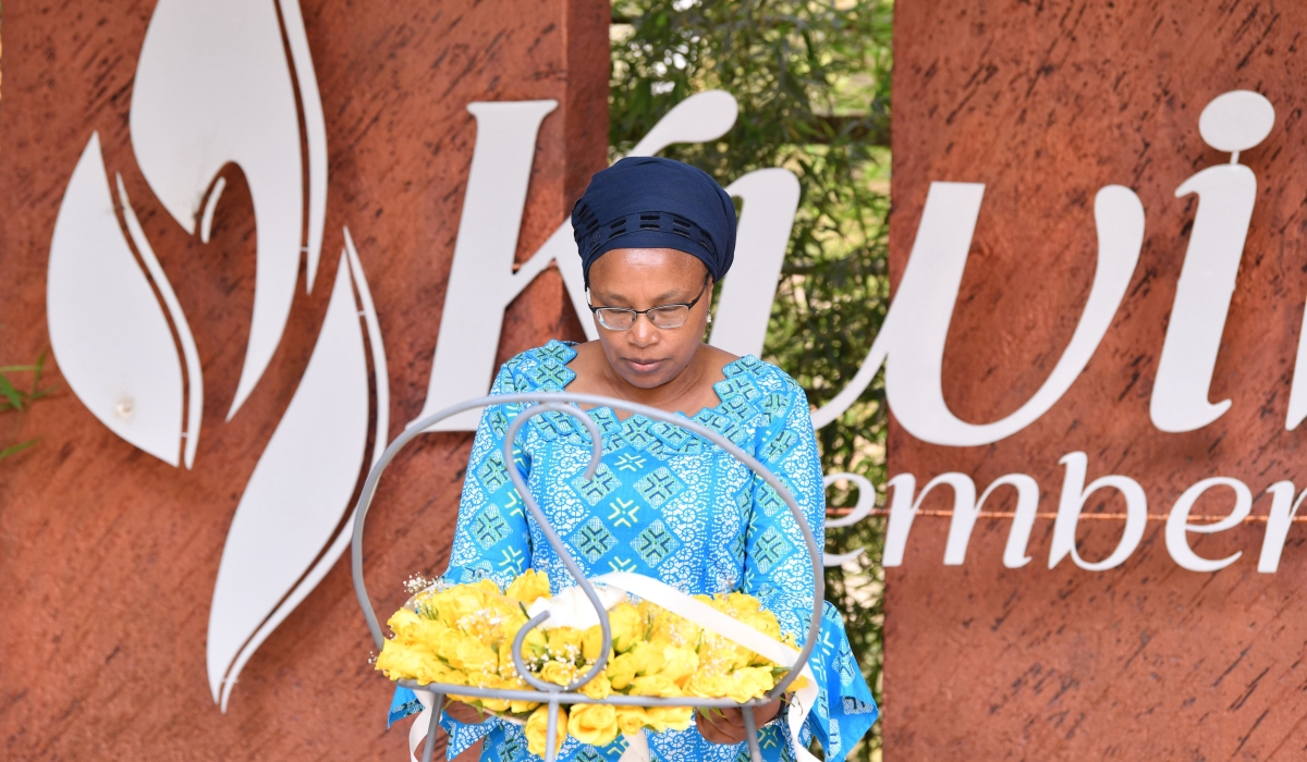 Alice Wairimu Nderitu, the United Nations Special Advisor on the Prevention of Genocide lays a wreath to pay tribute to victims of the Genocide against the Tutsi at Kigali Genocide Memorial on Monday, July 29. Courtes