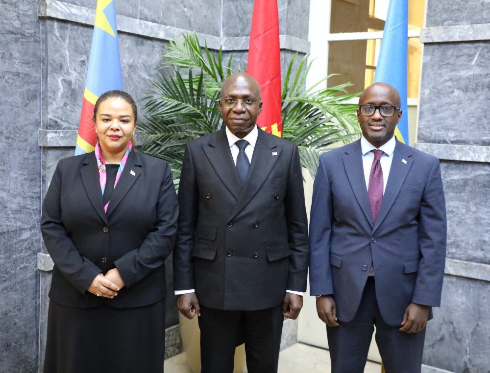 (L-R) Therese Kayikwamba Wagner, DR Congo’s Minister of Foreign Affairs, Angolan foreign minister Tete Antonio and Rwanda&#039;s Minister of Foreign Affairs and International Cooperation, Olivier Nduhungirehe at the second ministerial meeting on the security and peace situation in eastern DR Congo in Luanda, Angola, on July 30. Courtesy