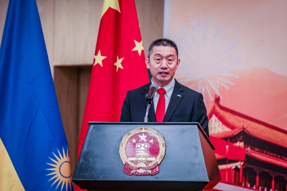 Amb Wang Xuekun, China’s envoy to Rwanda addresses delegates during the celebration to mark the 97th anniversary of the founding of the Chinese People’s Liberation Army (PLA). Craish Bahizi