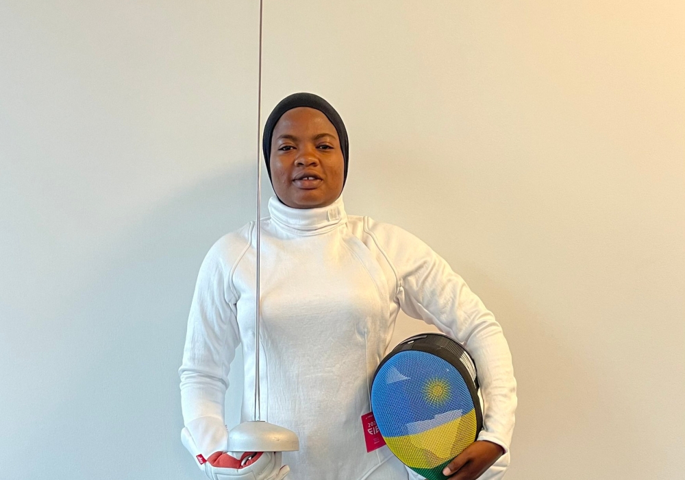 Rwandan fencer Uwihoreye Tufaha  competed in the Women&#039;s Epée category against Miho Yoshimura from Japan. File