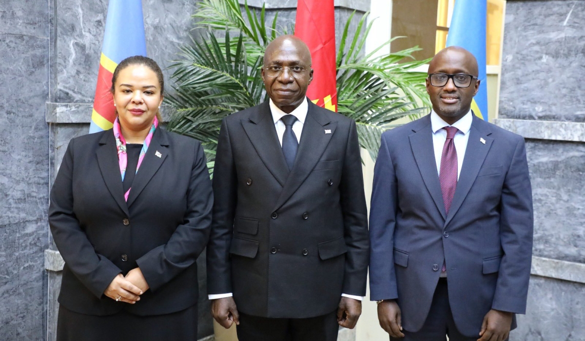 (L-R) Therese Kayikwamba Wagner, DR Congo’s Minister of Foreign Affairs, Angolan foreign minister Tete Antonio and Rwanda&#039;s Minister of Foreign Affairs and International Cooperation, Olivier Nduhungirehe at the second ministerial meeting on the security and peace situation in eastern DR Congo in Luanda, Angola, on July 30. Courtesy