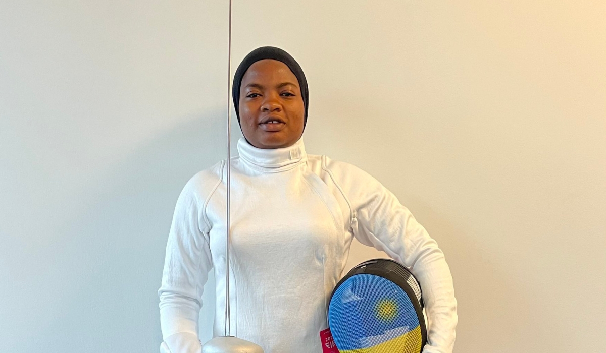 Rwandan fencer Uwihoreye Tufaha  competed in the Women&#039;s Epée category against Miho Yoshimura from Japan. File