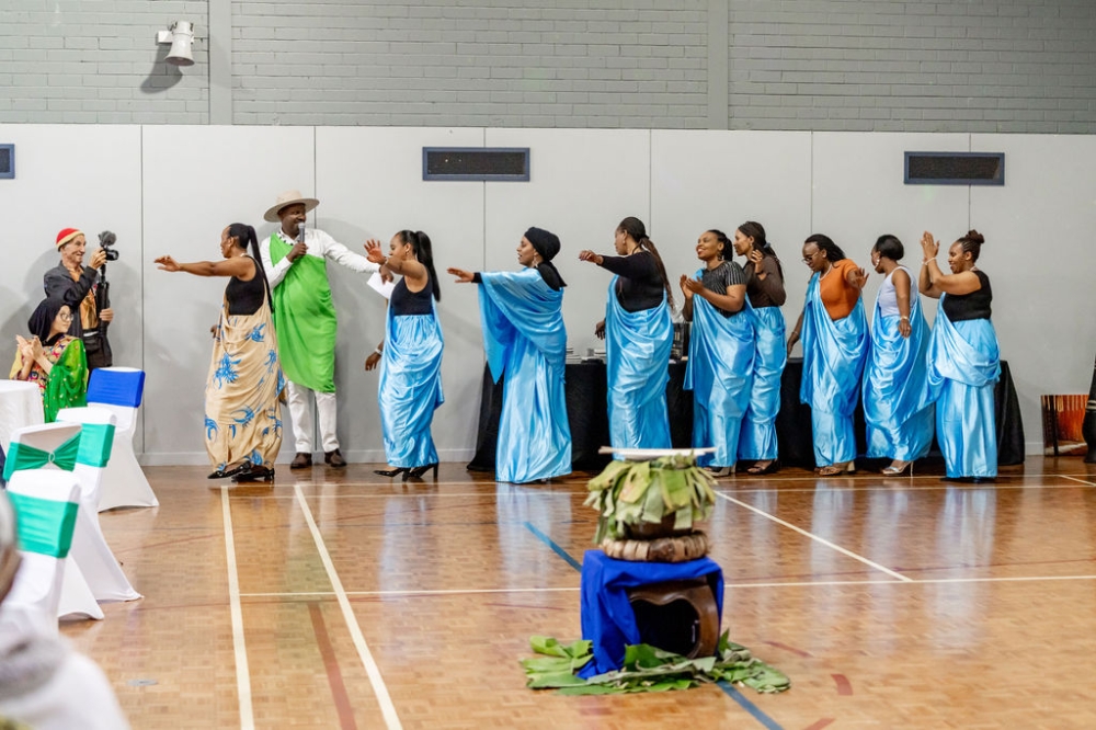 Rwandan diaspora dancing Gakondo during the celebration of Umuganura in Western Australia