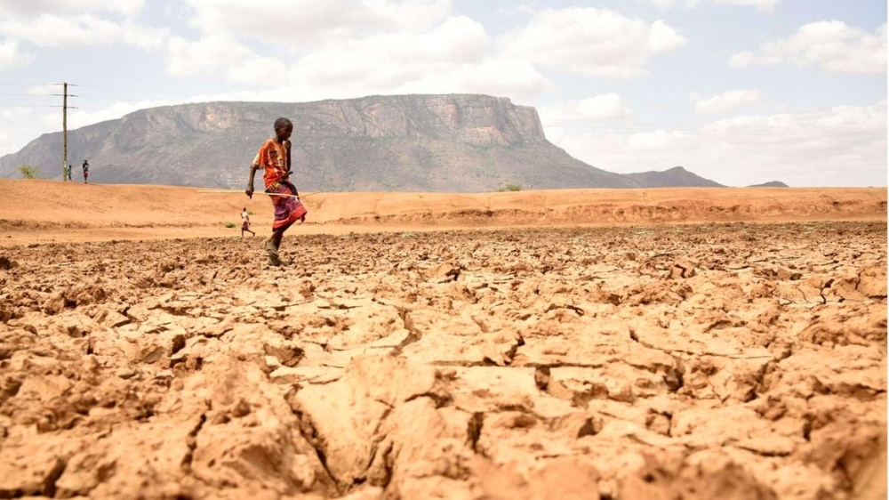 A herdsboy walks on a dry land in Samburu County, Kenya on July 15,2021.