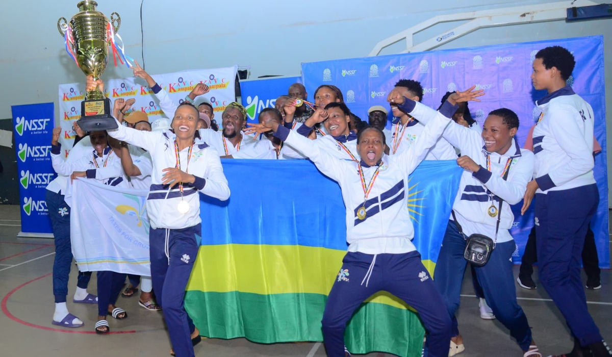 RRA  volleyball club players celebrate the victory as after winning the Kampala Amateur Volleyball Club (KAVC) tournament , on Sunday, August 3. Courtesy