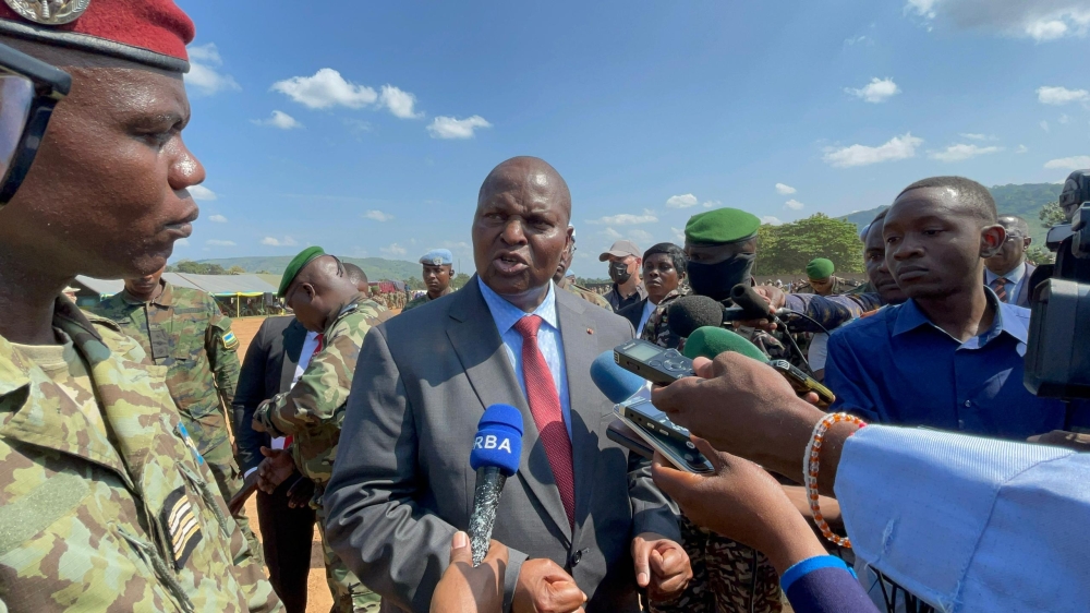 Faustin-Archange Touadéra, the Central African Republic (CAR) President speaks to journalists after presiding over the pass out  at Camp Kassai on Monday, August 5. Photo by Davis Higiro