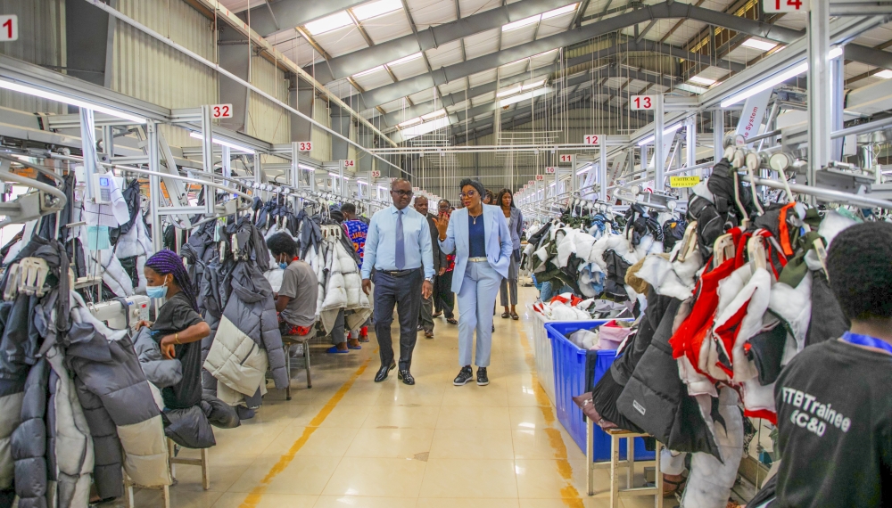 Minister of Trade and Industry Jean Chrysostome Ngabitsinze during a guided tour of Pink&Mango garment factory at Kigali Special Economic Zone. Manufacturing activity increased by 13.8 per cent, maintaining a double-digit growth compared to the figures of the same period in 2023. Courtesy