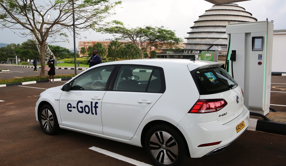 An electric car at a charging station at Kigali Convention Centre on March 30, 2021. Photo by Craish Bahizi