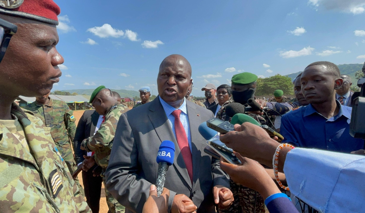 Faustin-Archange Touadéra, the Central African Republic (CAR) President speaks to journalists after presiding over the pass out  at Camp Kassai on Monday, August 5. Photo by Davis Higiro