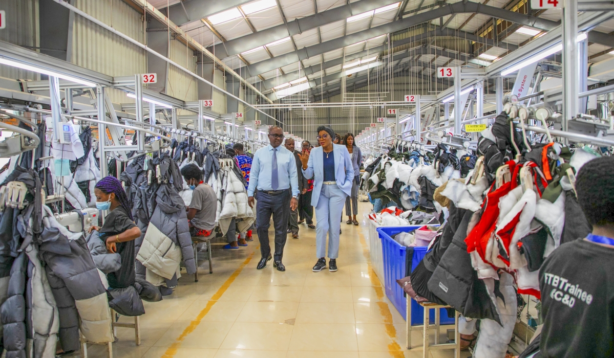 Minister of Trade and Industry Jean Chrysostome Ngabitsinze during a guided tour of Pink&Mango garment factory at Kigali Special Economic Zone. Manufacturing activity increased by 13.8 per cent, maintaining a double-digit growth compared to the figures of the same period in 2023. Courtesy