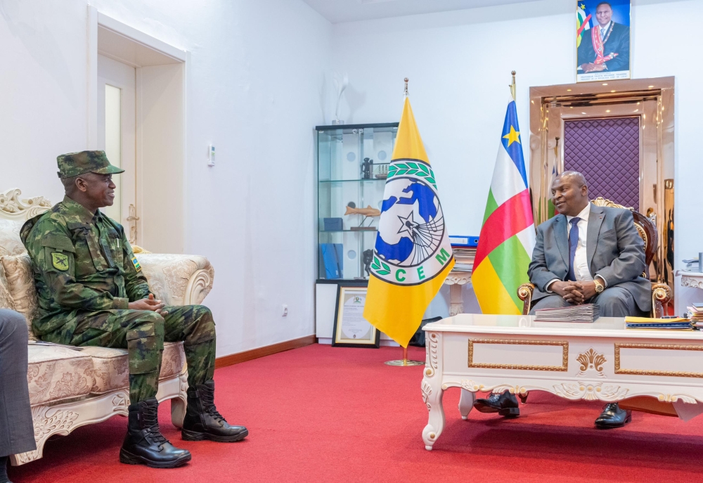 President Faustin-Archange Touadéra of the Central African Republic (CAR)  meets with the Army Chief of Staff of Rwanda Defence Force (RDF) Maj Gen Vincent Nyakarundi on Tuesday, August 6. Photos by Davis Higiro