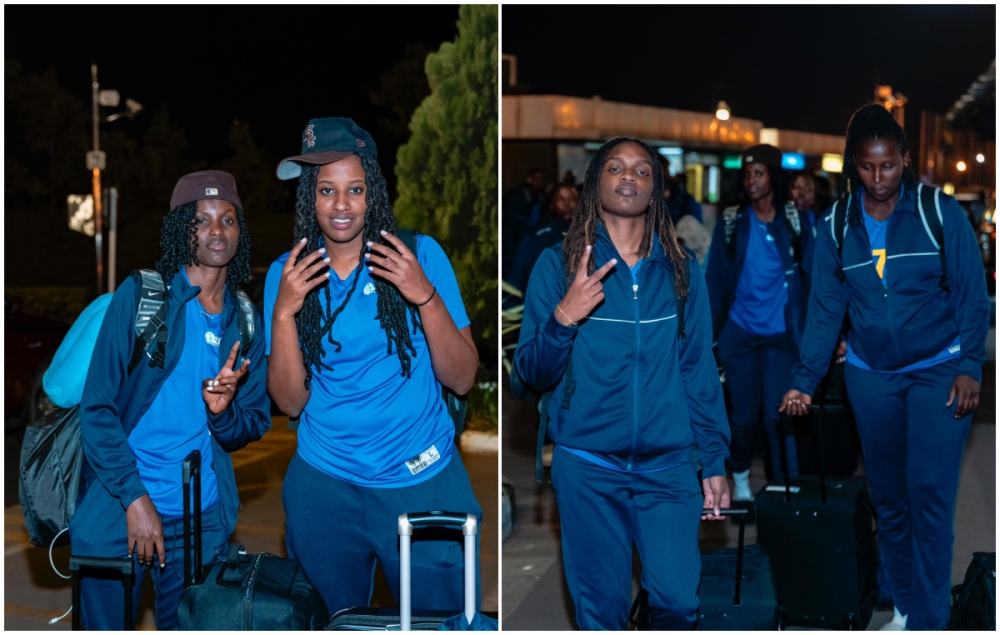 L-R: Players Jouyese Ineza and Hope Butera pose for a picture at the airport before flying out to Mali; point guard Destiney Philoxy and Nicole Rwibutso at the Kigali International Airport before departure.