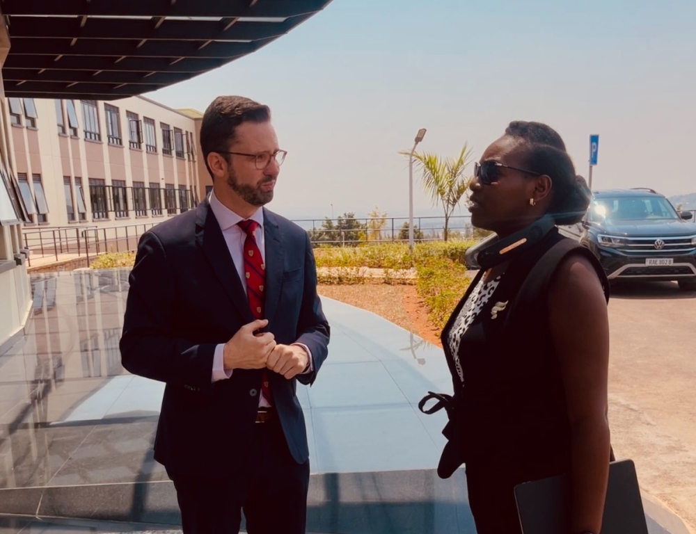 Damien Paul Vassallo (left), the Head of School, welcomes Minister of State for Education Claudette Irere to Ntare Louisenlund School (NLS) in Nyamata, Bugesera District, on Tuesday, August 6. Photos courtesy of Ntare Louisenlund School.