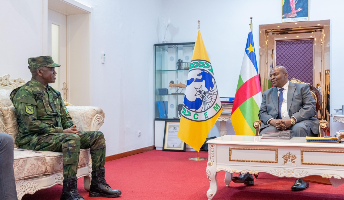 President Faustin-Archange Touadéra of the Central African Republic (CAR)  meets with the Army Chief of Staff of Rwanda Defence Force (RDF) Maj Gen Vincent Nyakarundi on Tuesday, August 6. Photos by Davis Higiro