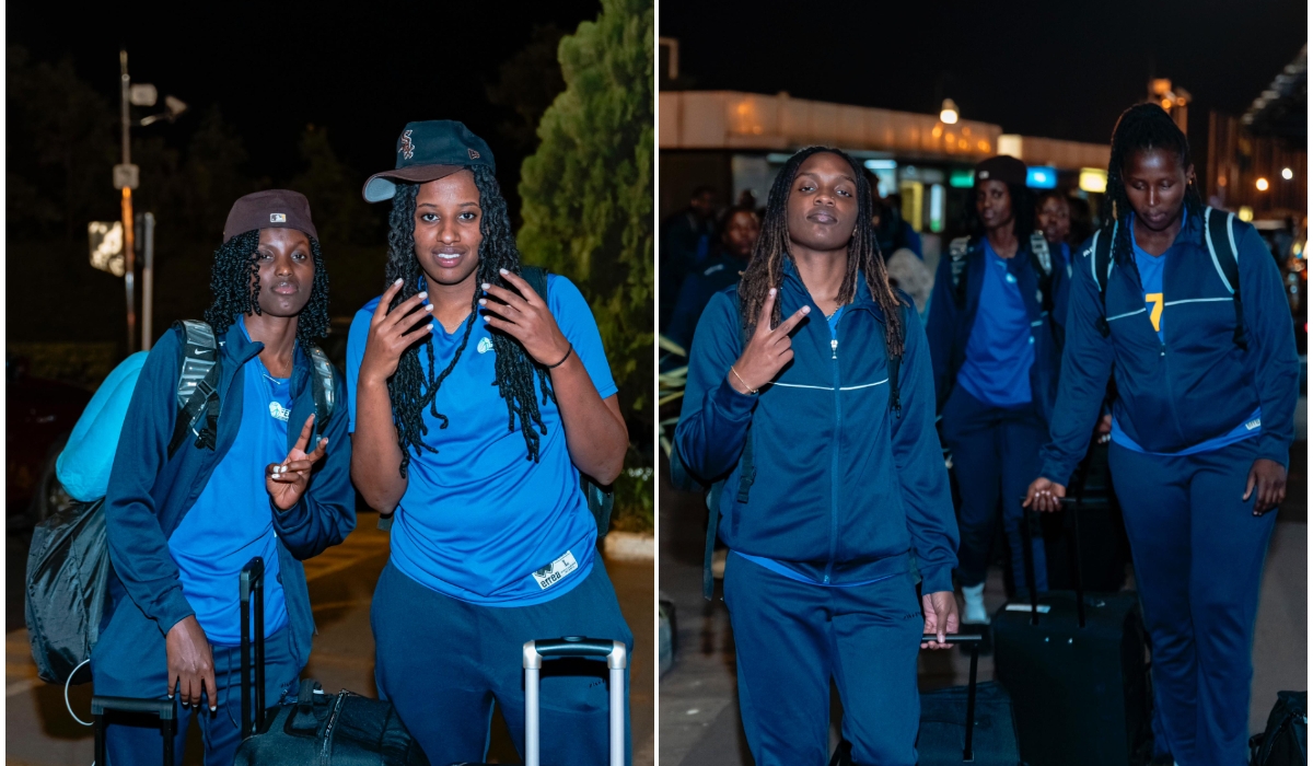 L-R: Players Jouyese Ineza and Hope Butera pose for a picture at the airport before flying out to Mali; point guard Destiney Philoxy and Nicole Rwibutso at the Kigali International Airport before departure.