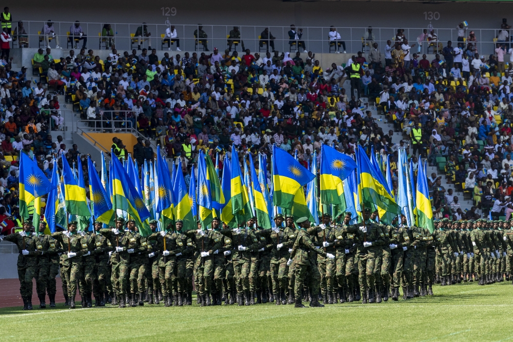 Flag bearers lead a military parade during Kwibohora 30 ceremony on July 4. The swearing-in ceremony of the President of the Republic of Rwanda on Sunday, 11 August 2024. Olivier Mugwiza