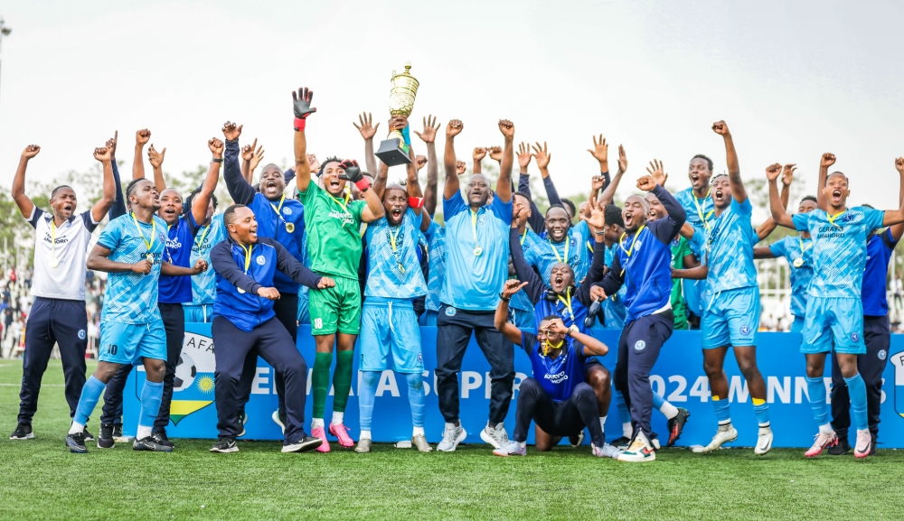 Police FC players celebrate the Super Cup 2024 victory after a 6-5 penalty shootout game against APR FC at Kigali Stadium on Saturday, August 10. All photos by Craish Bahizi