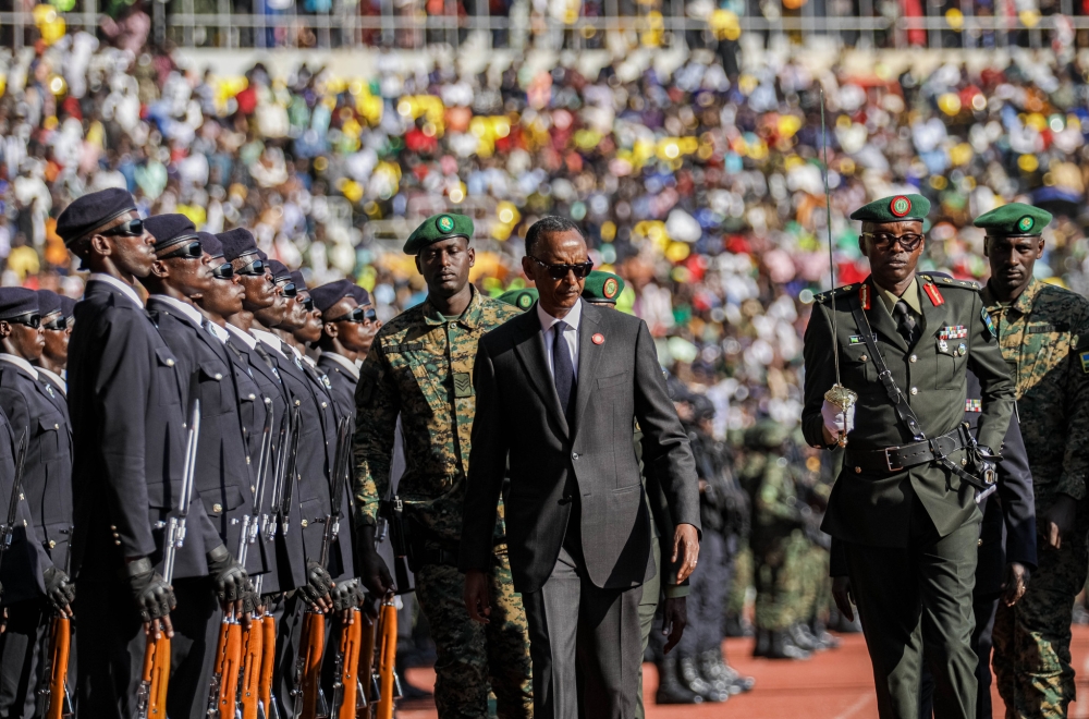 President Kagame, the Commander-In-Chief of the Rwanda Defence Force, inspects the military parade at Amahoro stadium after taking the Presidential Oath on Sunday, August 11. Photos by Dan Gatsinzi