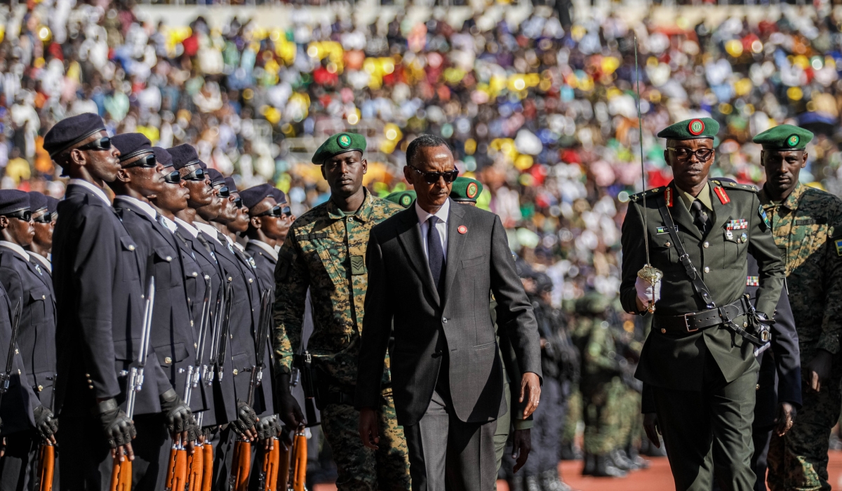 President Kagame, the Commander-In-Chief of the Rwanda Defence Force, inspects the military parade at Amahoro stadium after taking the Presidential Oath on Sunday, August 11. Photos by Dan Gatsinzi